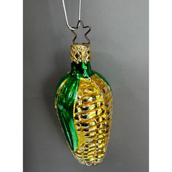 Inge Glass Style Blown Glass Corn Ornament Green & Gold 4" Vintage German - Picture 2 of 6